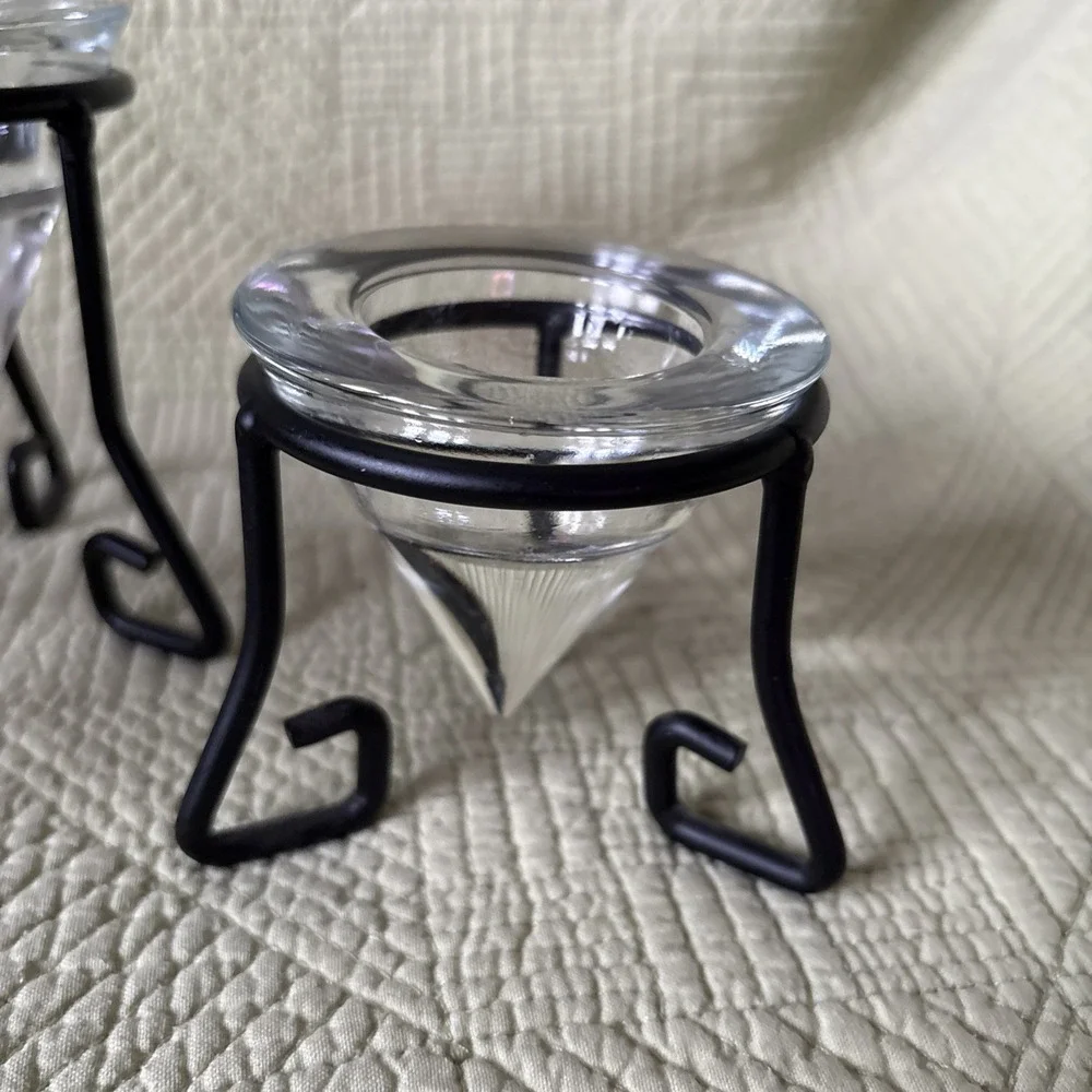 Vtg MCM Wrought Iron Glass Tea Light Holders Set of3 Glass Cone Votives Graduate
